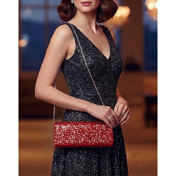 Evening Bag - Sequined Clutch w/Concealable Chain Strap - Red - BG-90955R